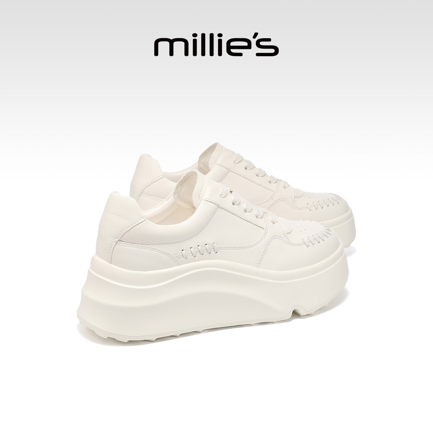 MILLIE'S/妙丽真皮厚底小白鞋女鞋增高小个子百搭休闲鞋春季新款