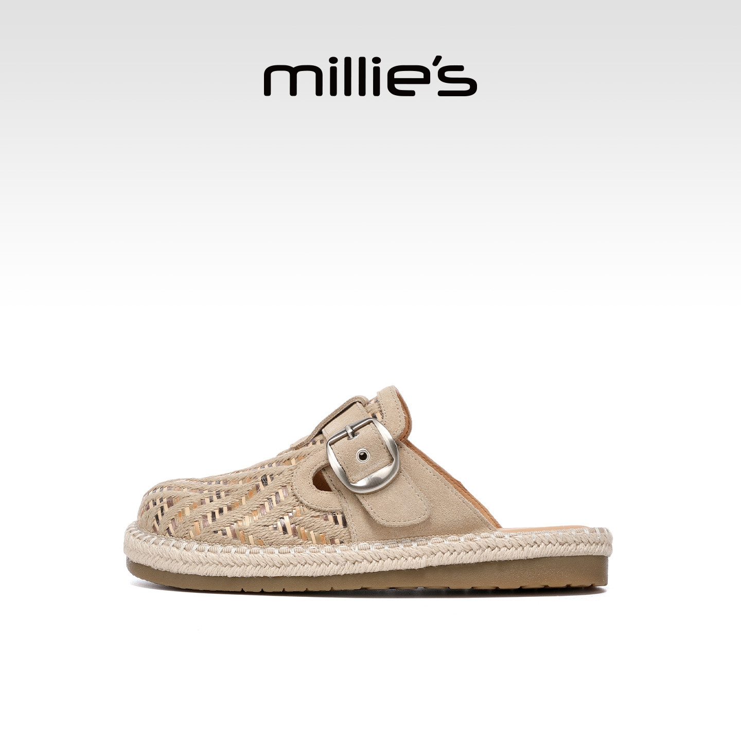 MILLIE'S/妙丽勃肯鞋女款包头半拖一脚蹬懒人穆勒鞋外穿编织凉拖