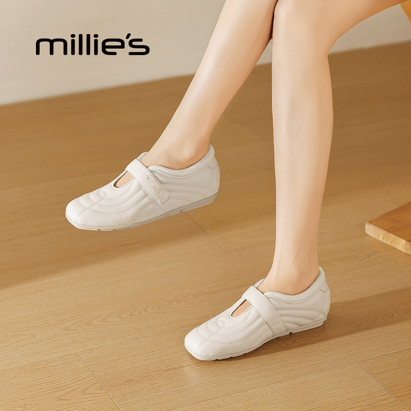 MILLIE'S/妙丽白色方头平底一字扣玛丽珍鞋女款优雅舒适通勤单鞋,女鞋,深口单鞋,淘宝优惠券,粉丝福利购,淘宝优惠卷