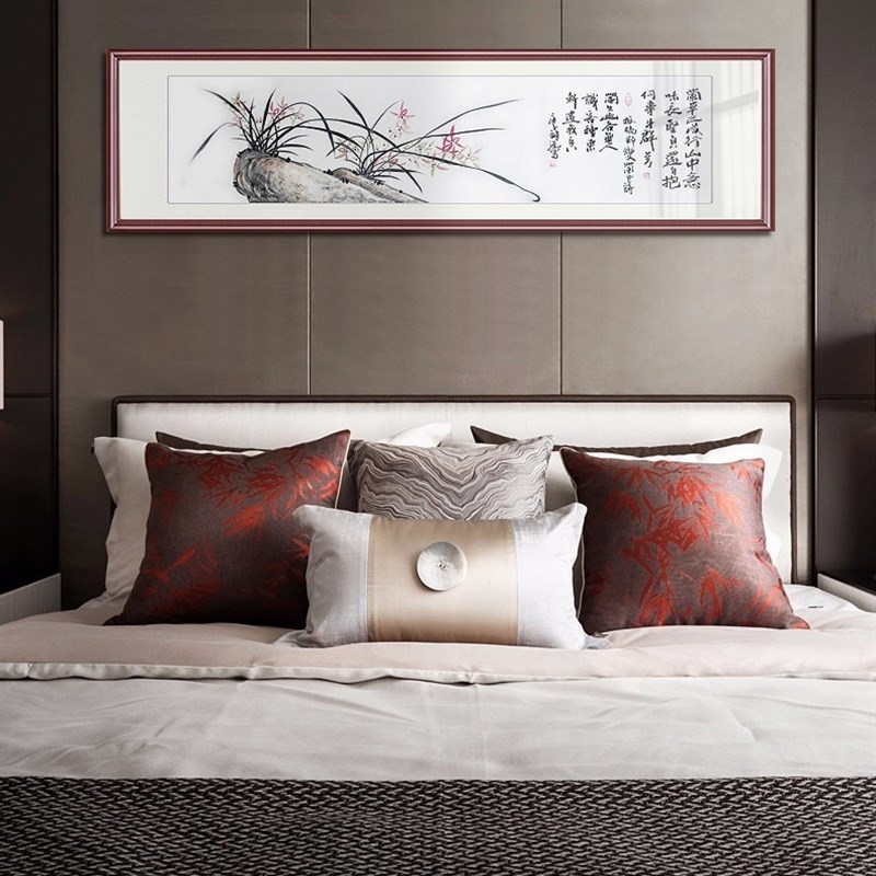 手绘中国画卧室床头客厅茶社酒店书房镜框装裱横幅对开兰花兰石图