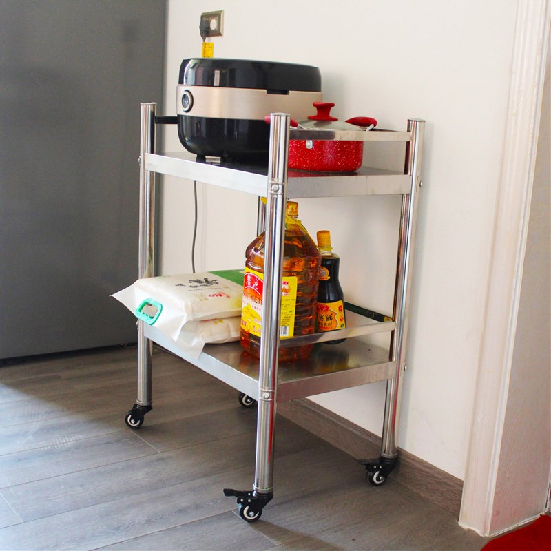 带围栏不锈钢置物架二层84高带轮子推车架可以的置物架落地款加厚