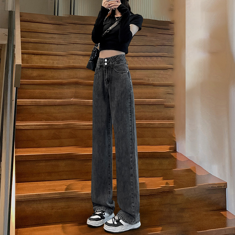 黑灰色高腰阔腿牛仔裤女2023新款秋季小个子显瘦宽松直筒裤加绒冬