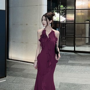 文茵茵泰式 千金气质度假挂脖裙子长裙显瘦 紫色吊带裙连衣裙女法式