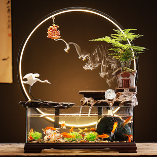 玻璃小型金鱼缸创意流水生财摆件循环办公室桌面客厅开业送礼物品