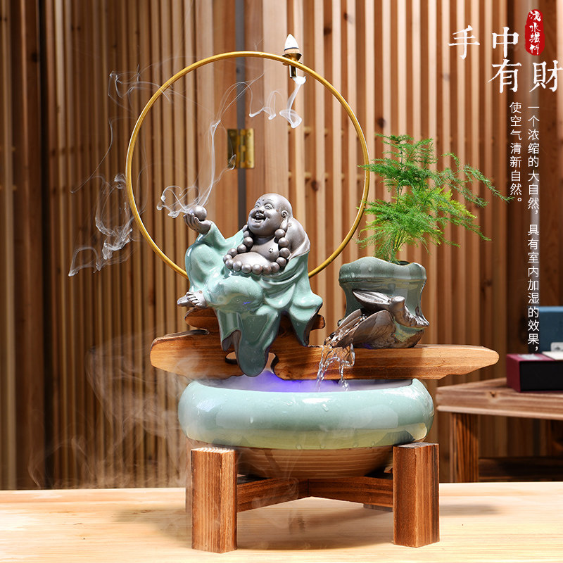 简约创意陶瓷家居装饰品客厅流水加湿器招财禅意办公室倒流香摆件