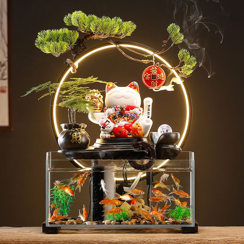 创意招财猫流水生财兔年鱼缸玻璃摆件客厅办公室装饰桌面循环水