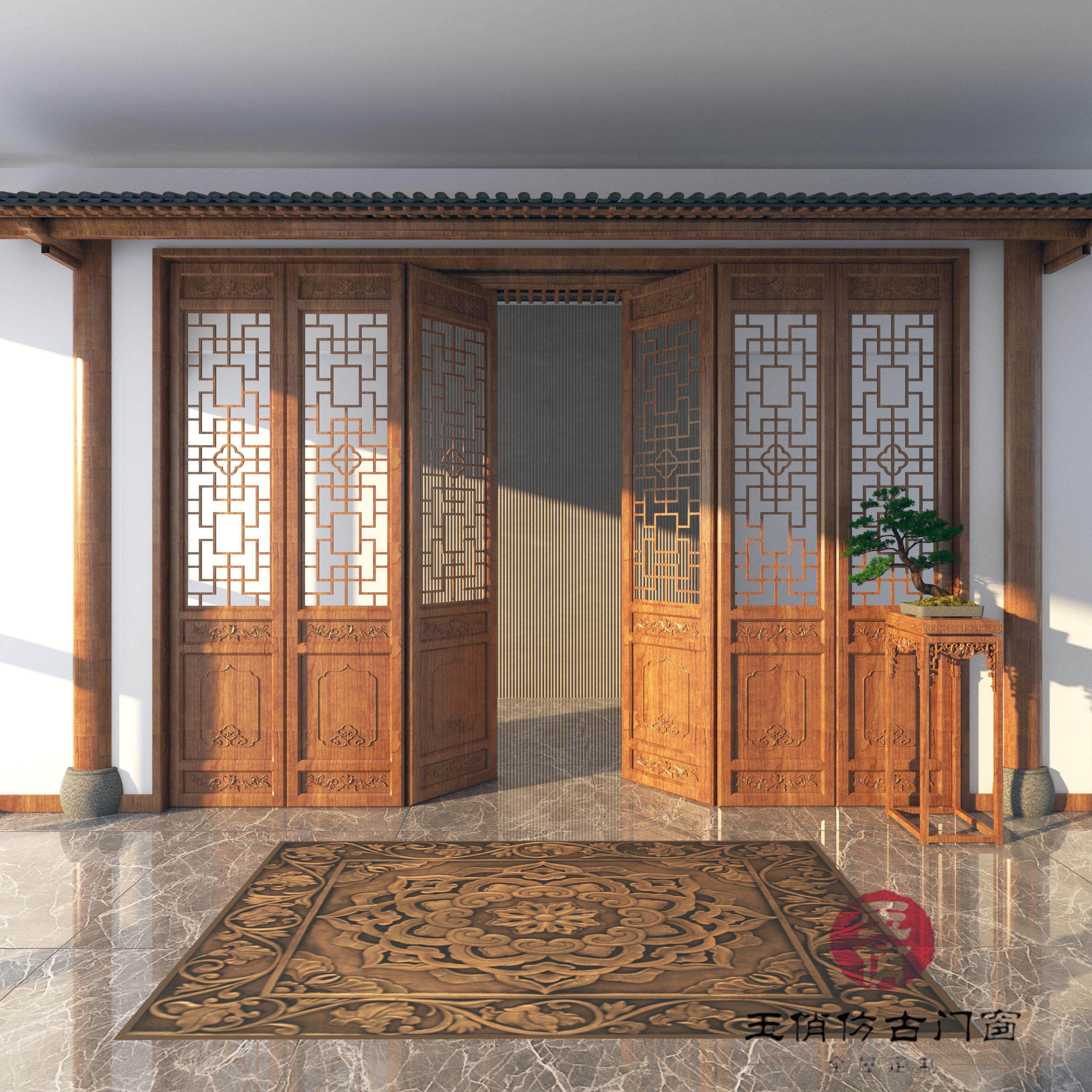 定制新中式实木门彷古门窗套装门卧室门双开房间门杉木门原木门