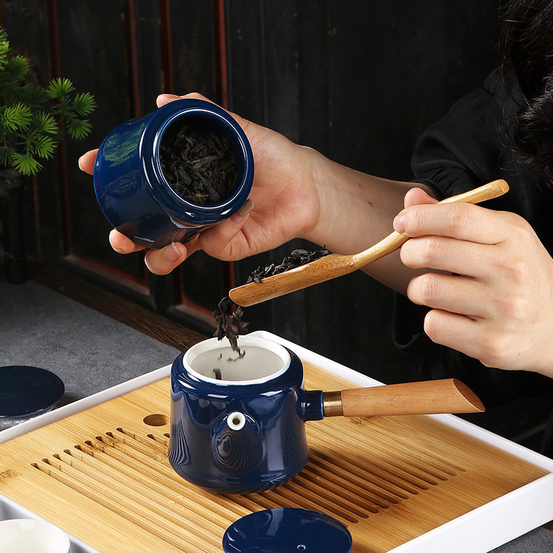 创意礼品茶具霁蓝侧把壶带茶盘大套组中式功夫茶具套组办公家用