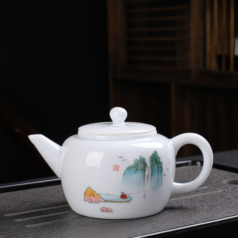 手绘羊脂玉瓷功夫茶具套装家用茶壶盖碗整套个性陶瓷茶具礼品赠送