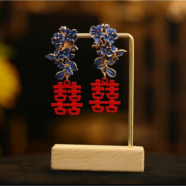可爱新娘新中式手工红色双喜百搭耳环景泰蓝花朵秀禾旗袍耳夹百搭