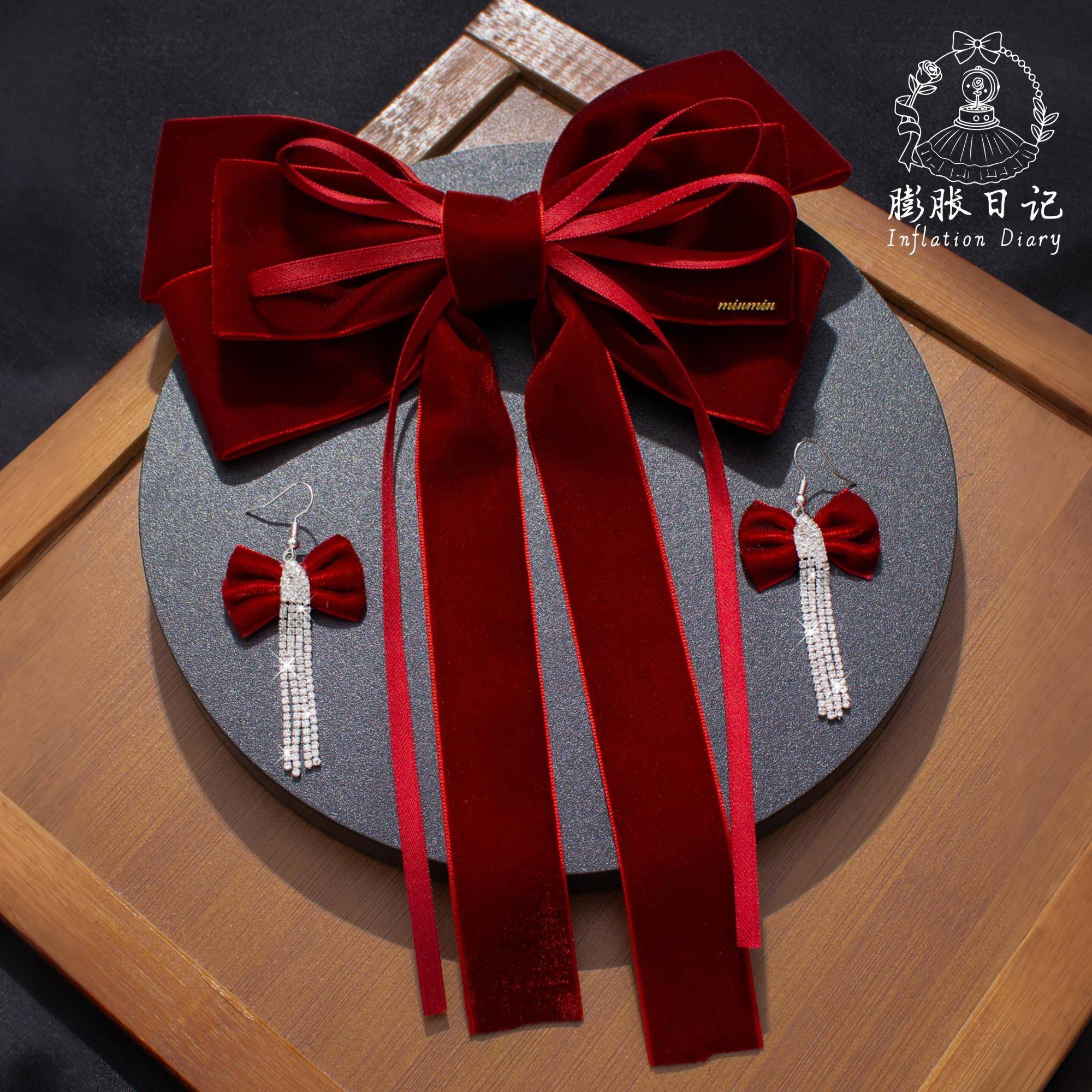 红色蝴蝶结头饰敬酒服新娘订婚发饰高级感丝绒发夹新中式礼服简约