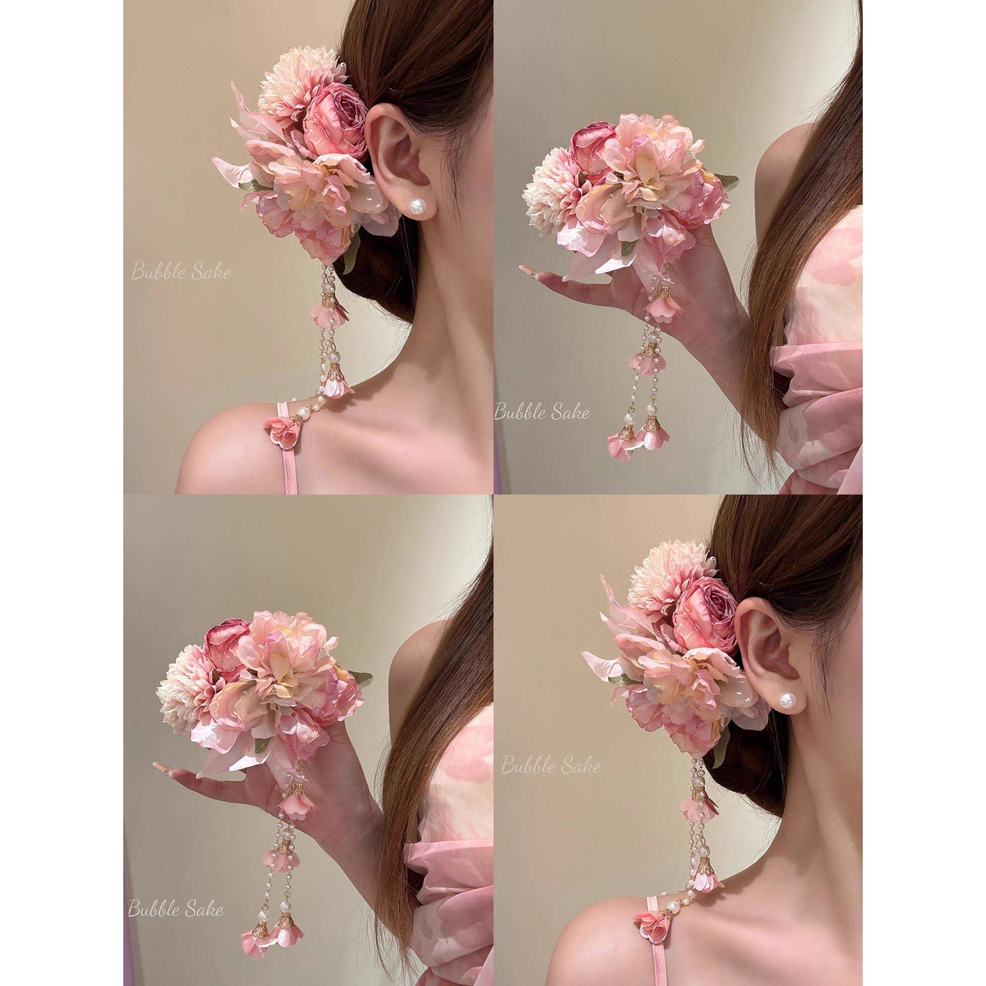 新古风中式氛围感汉服粉色花朵发夹女超仙流苏夹旗袍旅拍照头发饰