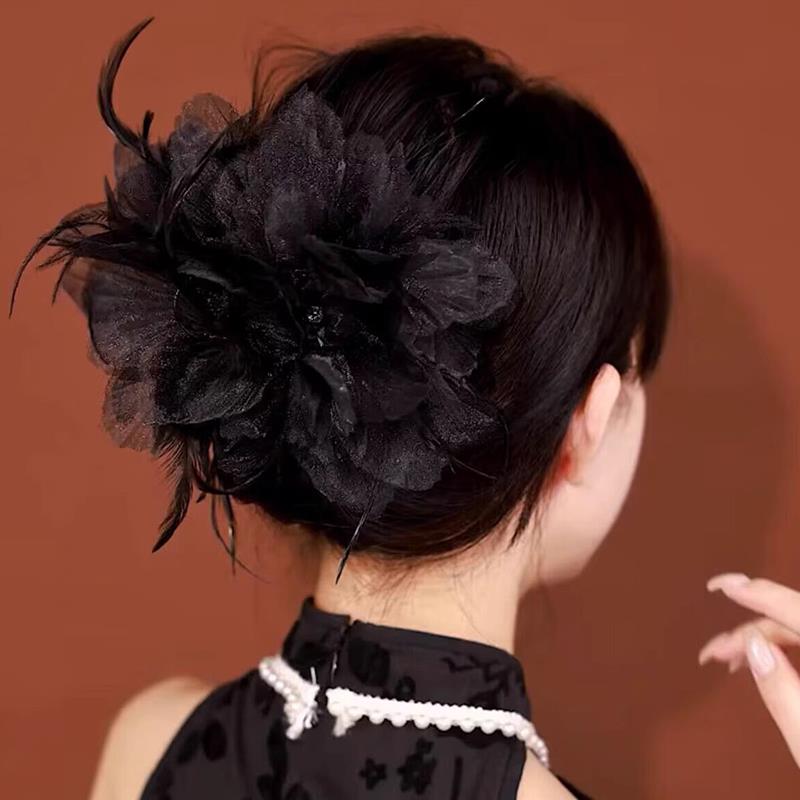 高级感黑色羽毛抓夹女2025新款头花发量多后脑勺夹子鲨鱼夹发夹