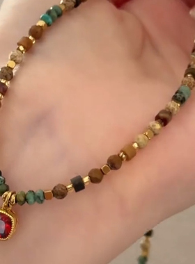 敦煌原创中式红锆石项链锁骨链精致彩色气质链小众百搭复古串珠