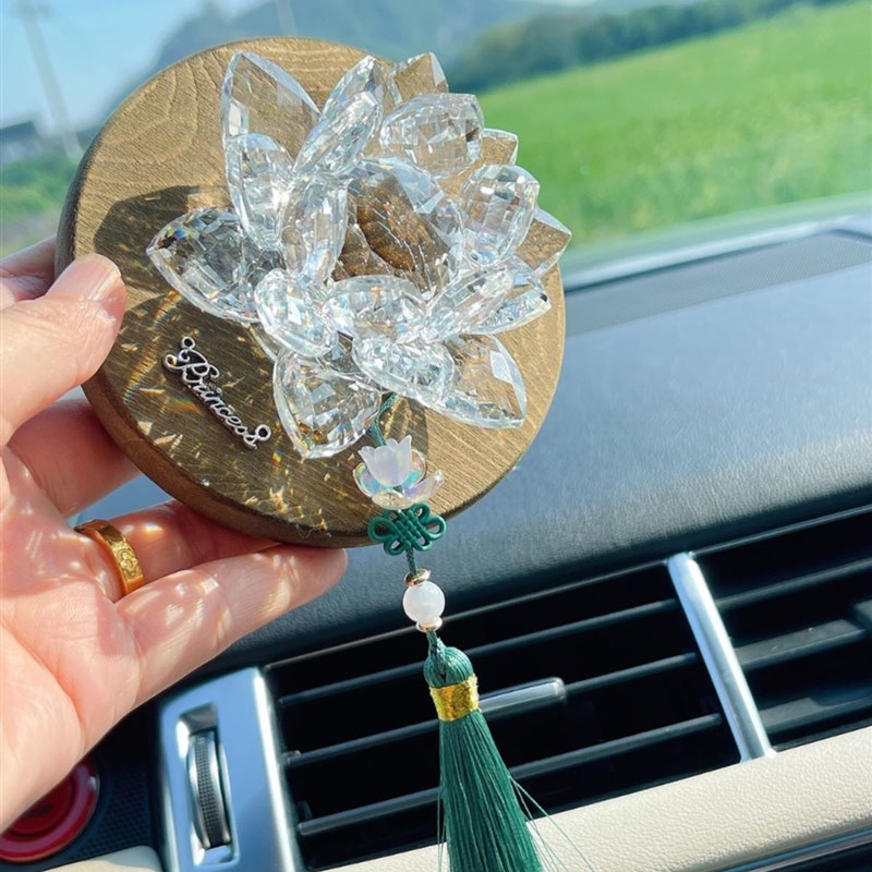 好运莲莲水晶荷花汽车摆件车内装饰品国风木质车载中控台男女车用