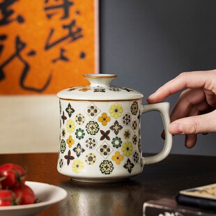汝窑大唐宝相茶杯陶瓷马克杯家用办公室喝水杯子带盖泡茶杯