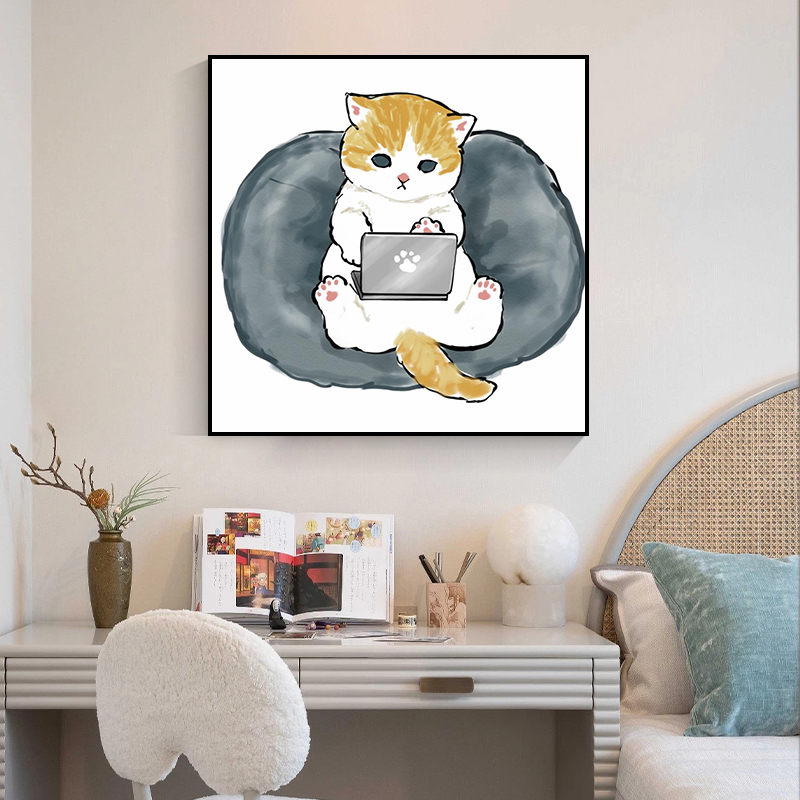 日式可爱猫咪客厅装饰画儿童房卧室床头挂画网红奶茶店背景墙壁画图片