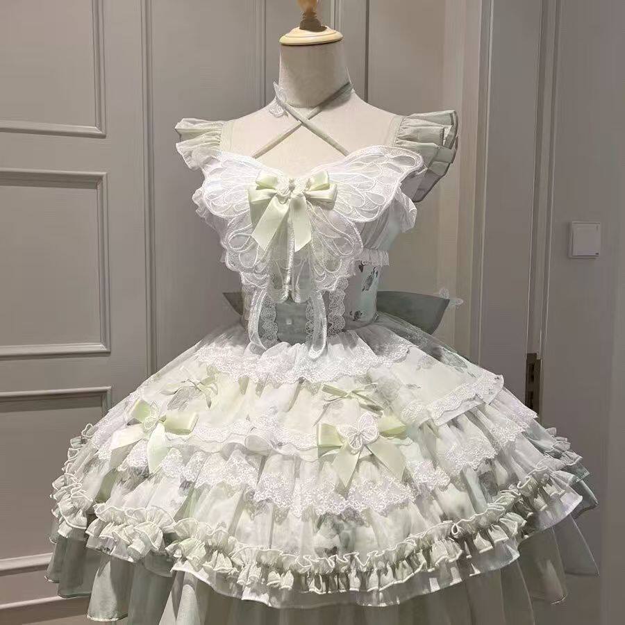 花期之约白绿蝴蝶夏日感小清新Lolita公主群少女生日短裙现货