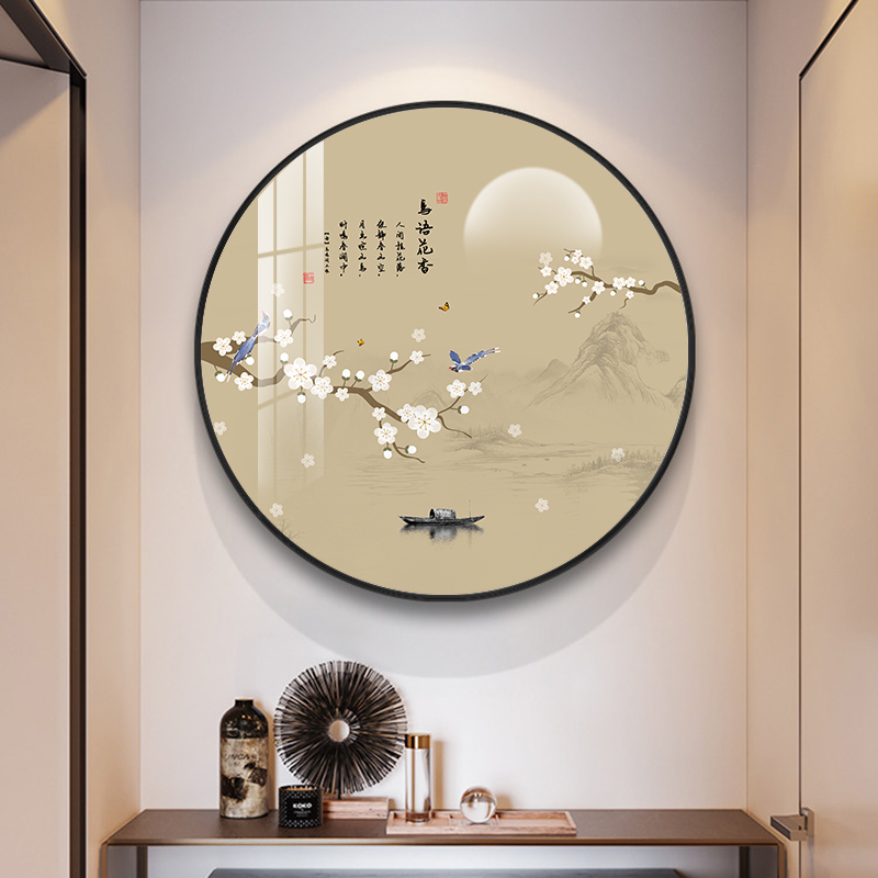 中国风圆形装饰画玄关花鸟画客厅餐厅新中式壁画饭店走廊过道挂画图片