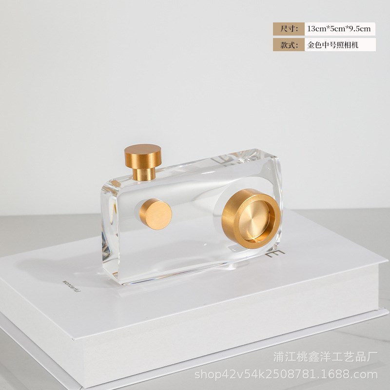 轻奢金属照相机水晶摆件样板房家居客厅电视柜玄关床头柜工艺品