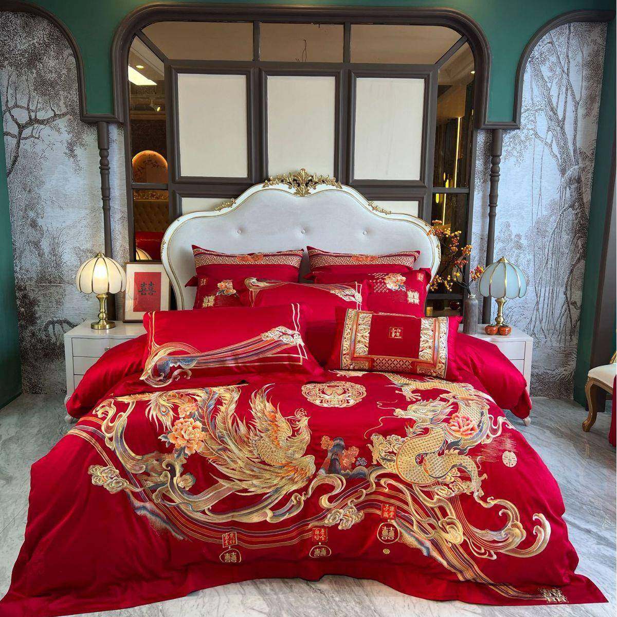 结婚床上用品陪嫁大红四件套龙凤刺绣100支长绒棉陪嫁喜被十件套