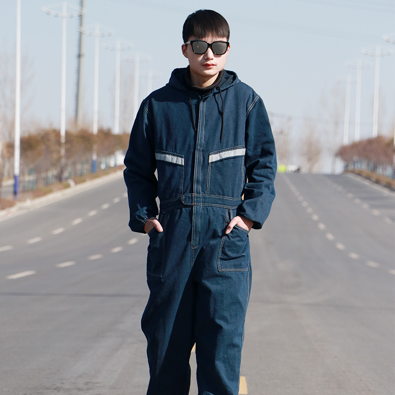 牛仔连体工作服套装男拉链加厚防烫劳保服耐磨防尘电工汽修焊工服