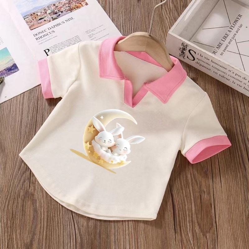 纯棉女童装拼色POLO衫夏季儿童宝宝卡通动漫洋气短袖T恤翻领上衣