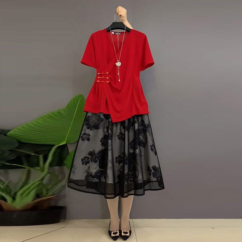 加肥大码女装国风V领侧盘扣短袖上衣红色胖妹妹气质花朵半身裙潮,女装/女士精品,大码内搭,淘宝优惠券,粉丝福利购,淘宝优惠卷