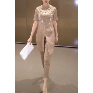 国风套装 时尚 女大码 宽松显瘦短袖 两件套潮 2024夏季 上衣小脚裤 新款