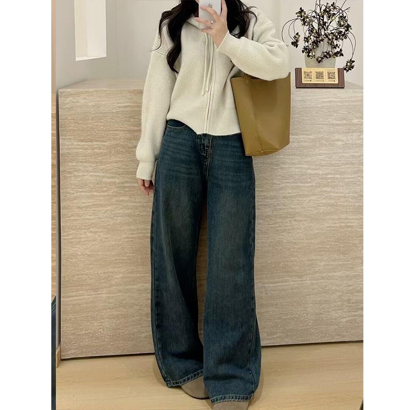 加绒复古蓝牛仔裤女秋冬大码梨型身材胖妹妹高腰显瘦窄版直筒裤子