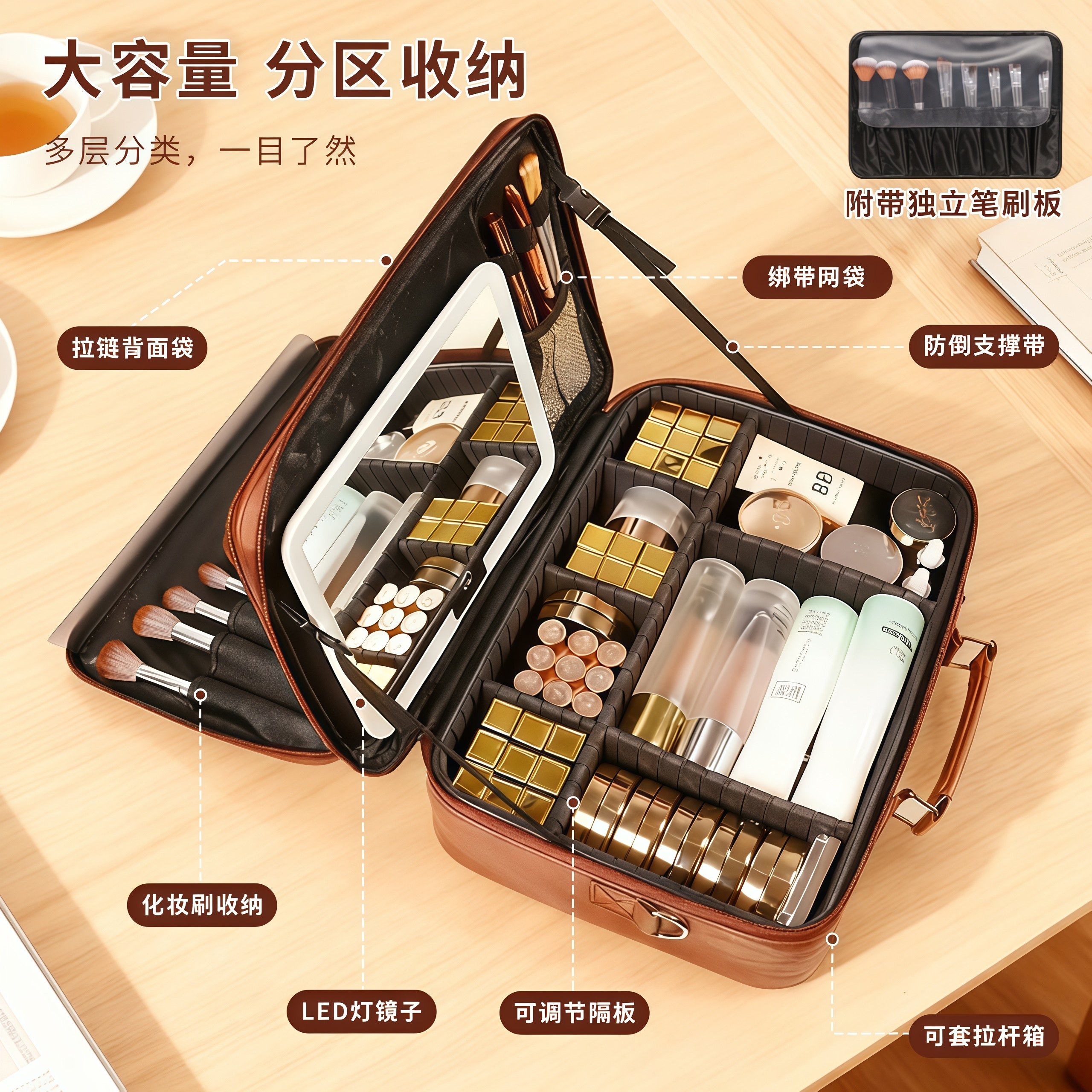 年多多觅光大包化妆镜带灯led便携随身镜子折叠收纳差旅新年礼物,收纳整理,化妆包,淘宝优惠券,粉丝福利购,淘宝优惠卷