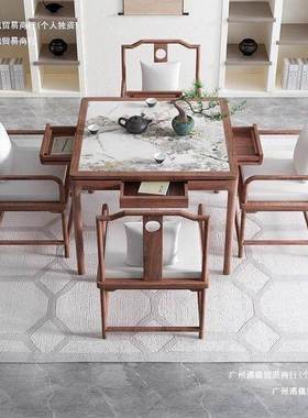新中式木方桌家用小户客41379厅功禅意型茶桌岩夫板棋牌桌椅组实