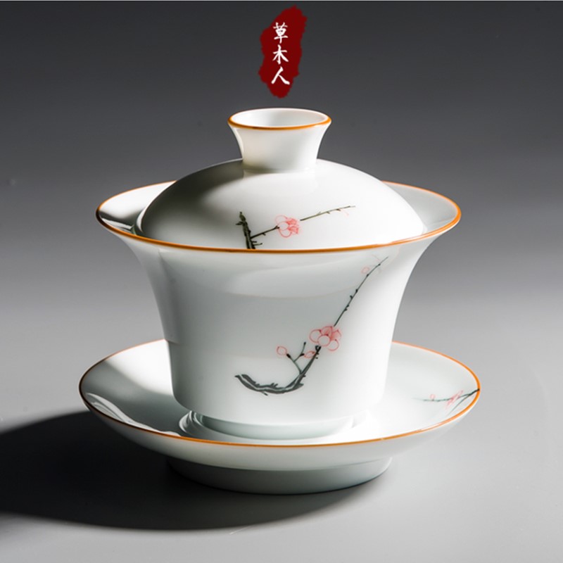 手绘盖碗茶杯 景德镇脂白三才盖碗陶瓷敬茶碗 功夫茶具泡茶碗包邮