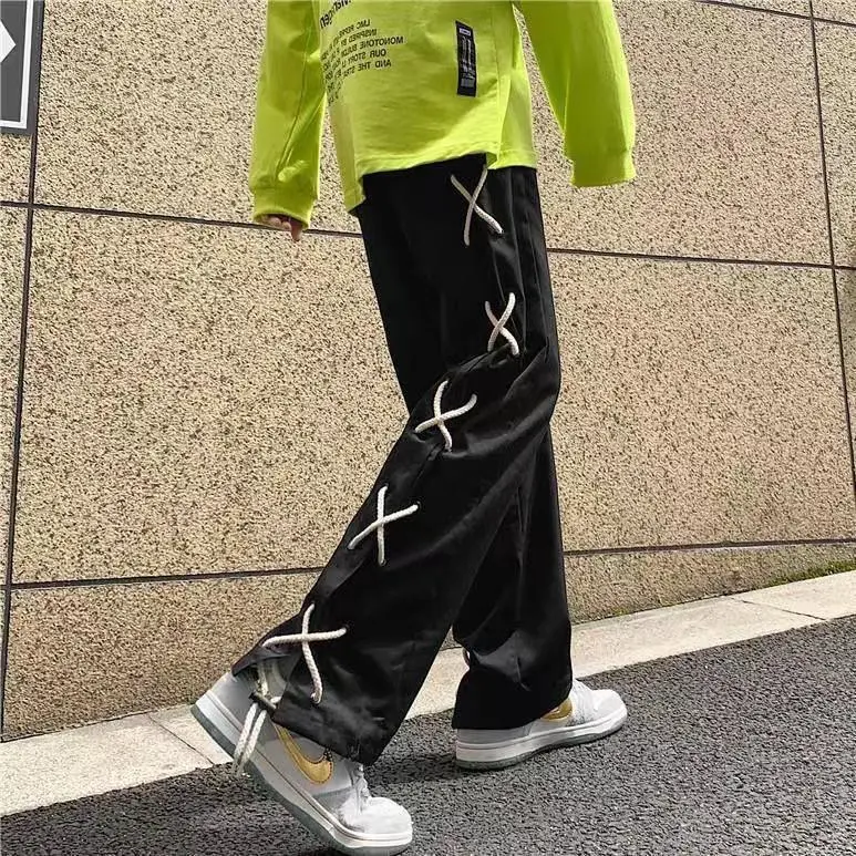 春秋新款超火黑色休闲长裤男女生绑带中腰宽松百搭小众直筒长裤子