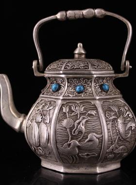 古玩收藏仿古铜手工打造镶嵌宝石鎏银酒壶家居装饰工艺品