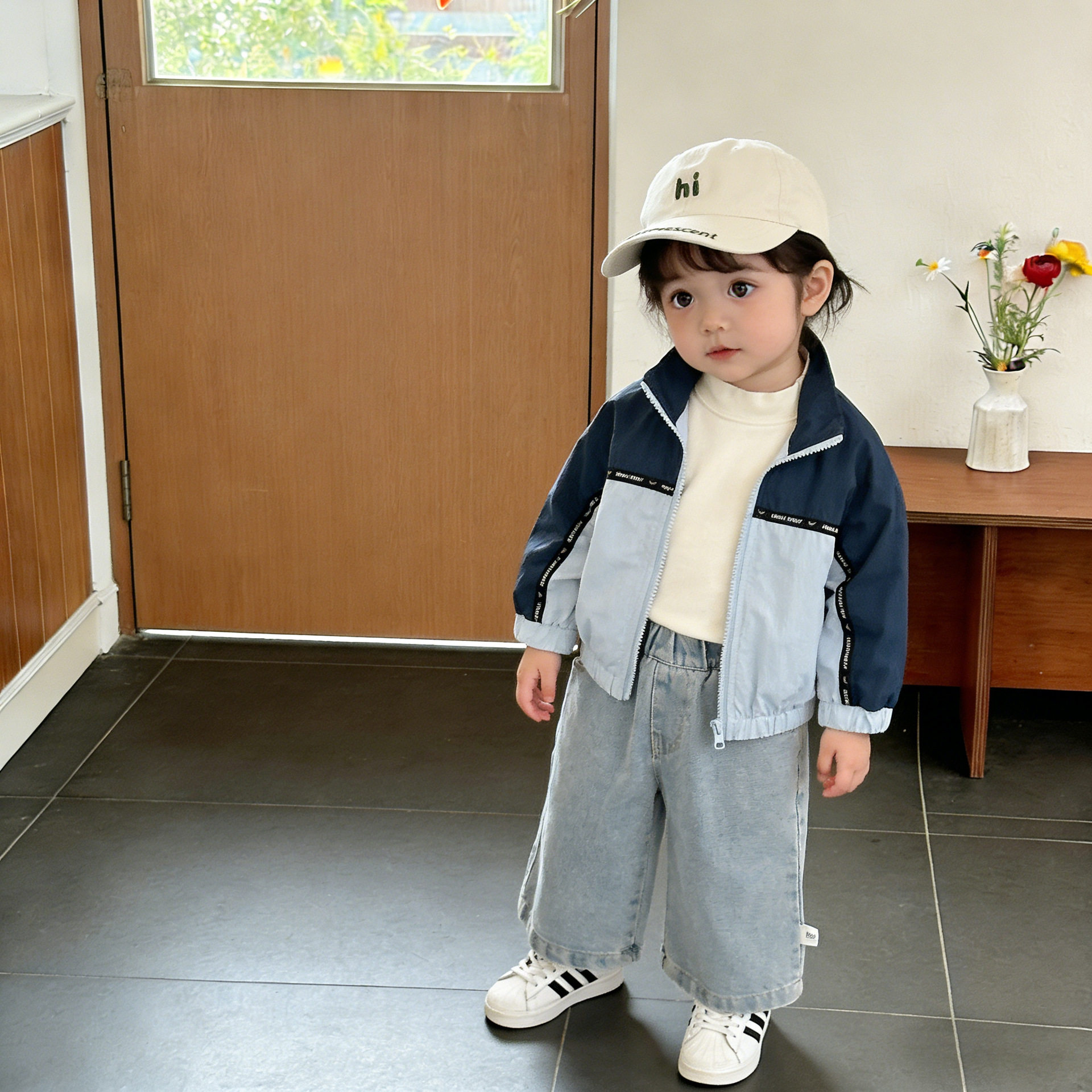潮范女童春秋季套装韩系婴儿衣服洋气拼色夹克宝宝休闲百搭牛仔裤