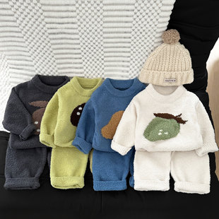 男女宝宝秋冬季居家服套装婴儿加厚半边绒保暖舒适睡衣睡裤两件套