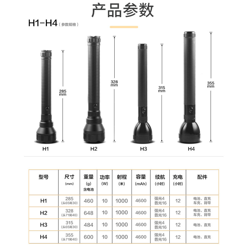 华升黑豹10W超亮LED锂电池充电可装干电池户外保安巡逻防身手电筒