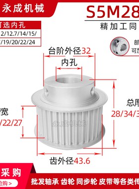S5M28齿精加工28S5M-100-B同步轮槽宽11皮带轮带轮BF型齿外径43.6
