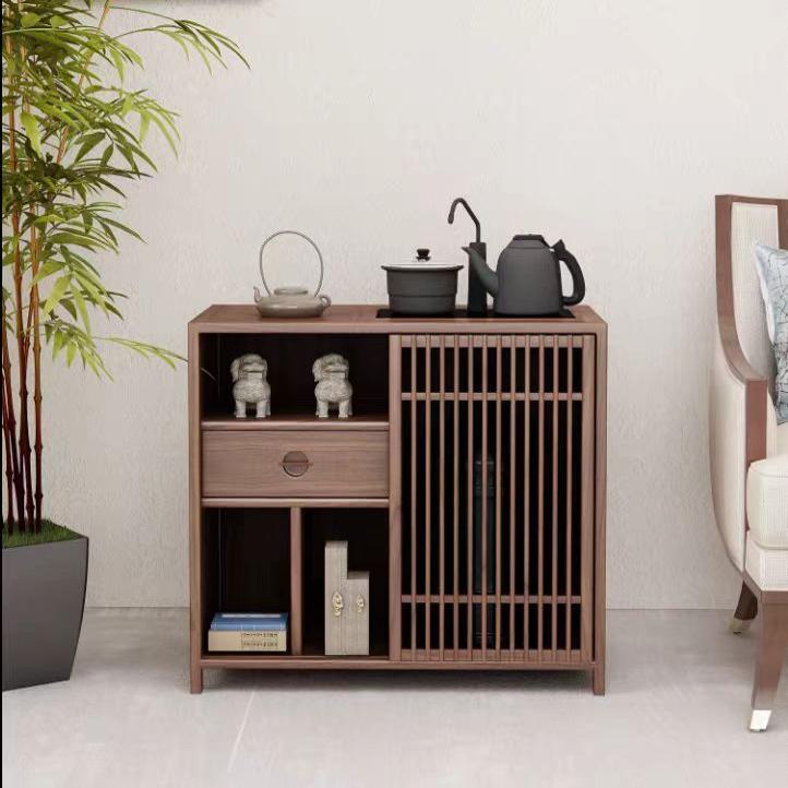 新中式茶水柜客厅茶水台黑胡桃木办公茶边柜实木边几老榆木烧水柜