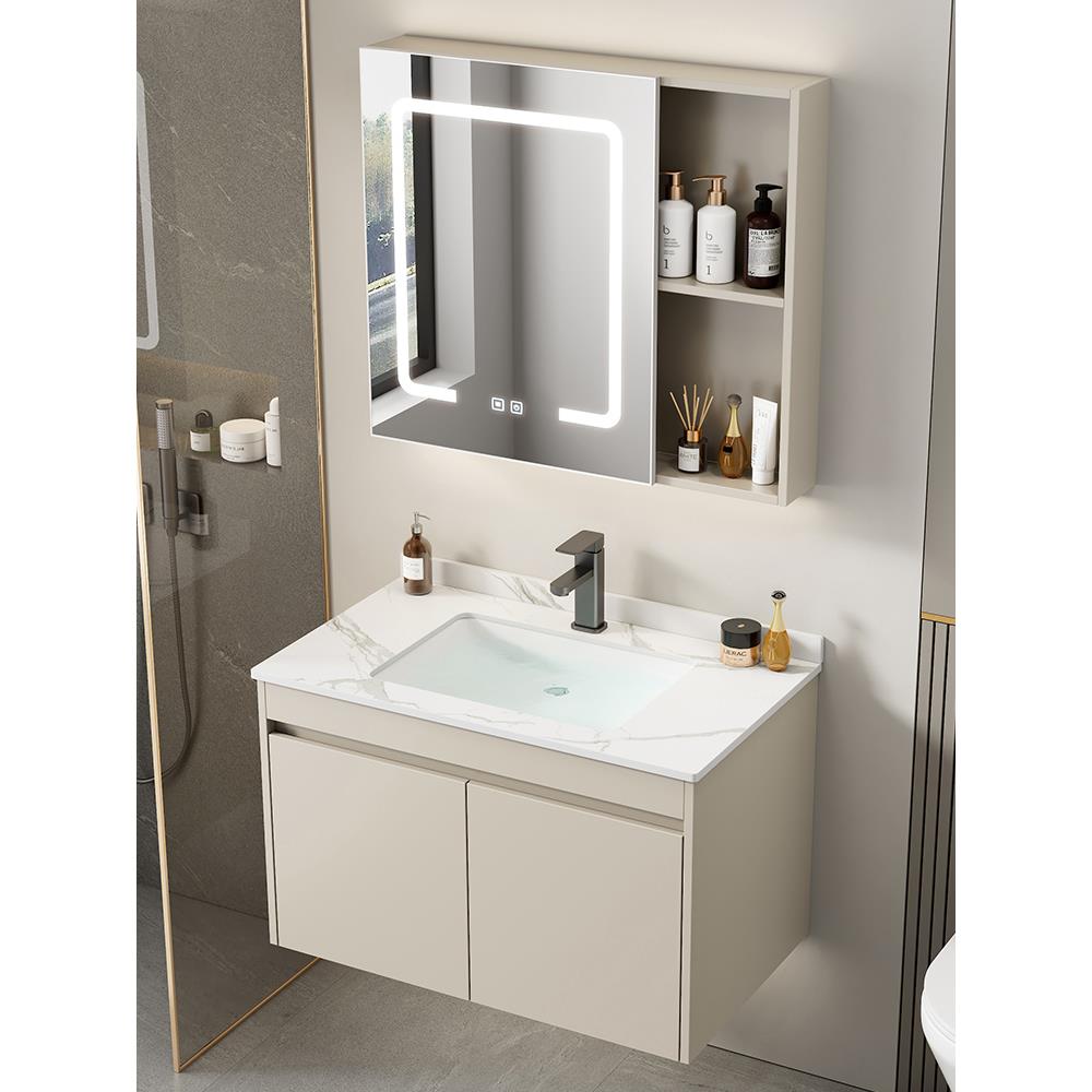 家用奶油风挂墙式太空铝洗手盆柜组合卫生间洗脸盆陶瓷一体洗漱台