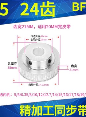 现货同步带轮T524齿BF凸面齿宽21内孔6 8 10 12 14 11920同步轮