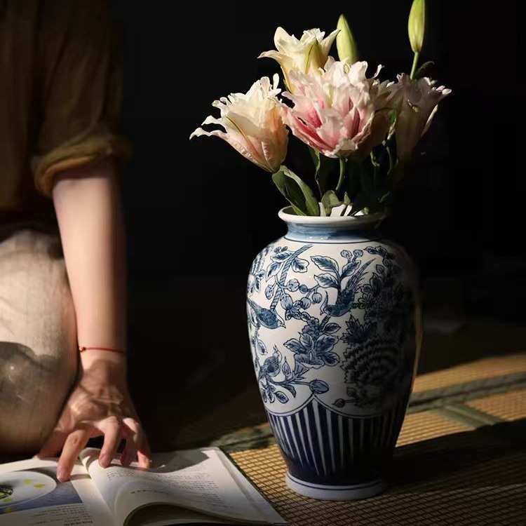 新中式青花瓷玄关花瓶装饰摆件 青花雀鸟瓶 客厅陶瓷花器可混
