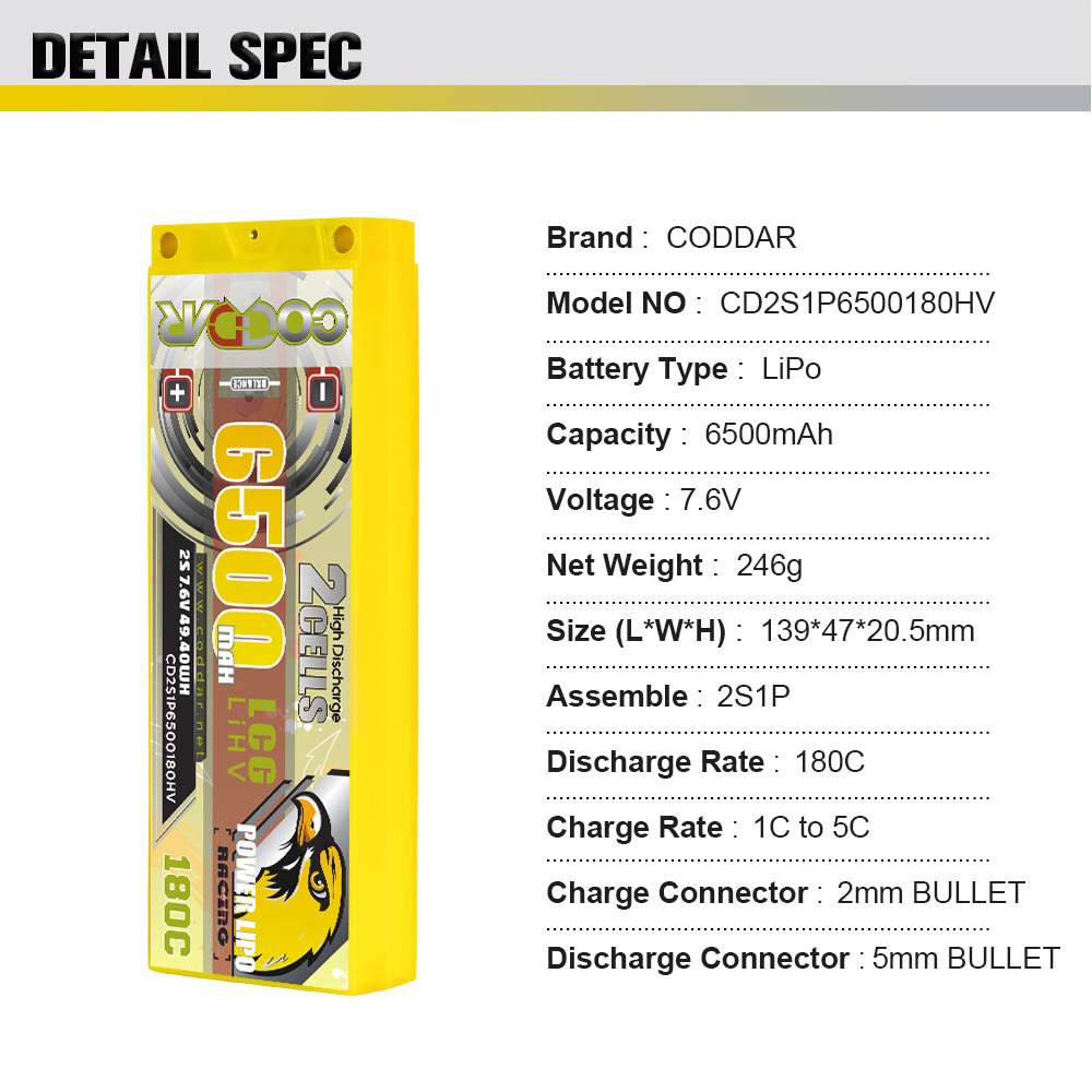 CODDAR鹰氪6500MAH 2S 7.6V 180C 1/10电房LCG低重心RC车高压电池