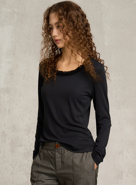 SoloForTwo 优雅花边圆领羊毛长袖 古着设计感舒适针织T恤上衣