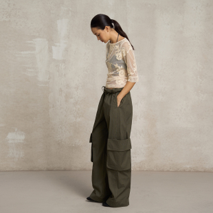 风直筒阔腿裤 绿色肌理感宽松工装 卷边反腰头休闲裤 SoloForTwo