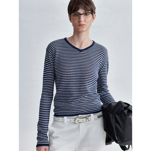 新品 2026春季 微宽松套头条纹上衣 小V领亚麻毛针织衫 SoloForTwo