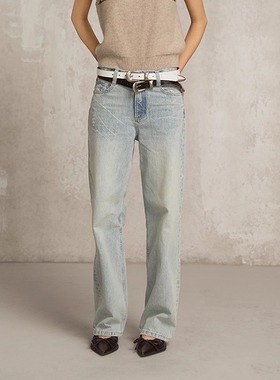 SoloForTwo 冰裂纹净蓝色牛仔裤 质感静酷风水洗直筒中腰休闲裤