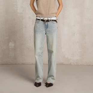 质感静酷风水洗直筒中腰休闲裤 SoloForTwo 冰裂纹净蓝色牛仔裤