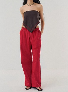 SoloForTwo 拨片卫裤 复古运动红色休闲裤松紧腰头宽松直筒运动裤